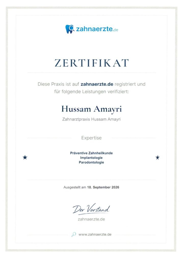 Zertifikat von zahnaerzte.de – Zahnarzt Hussam Amayri in Duisburg