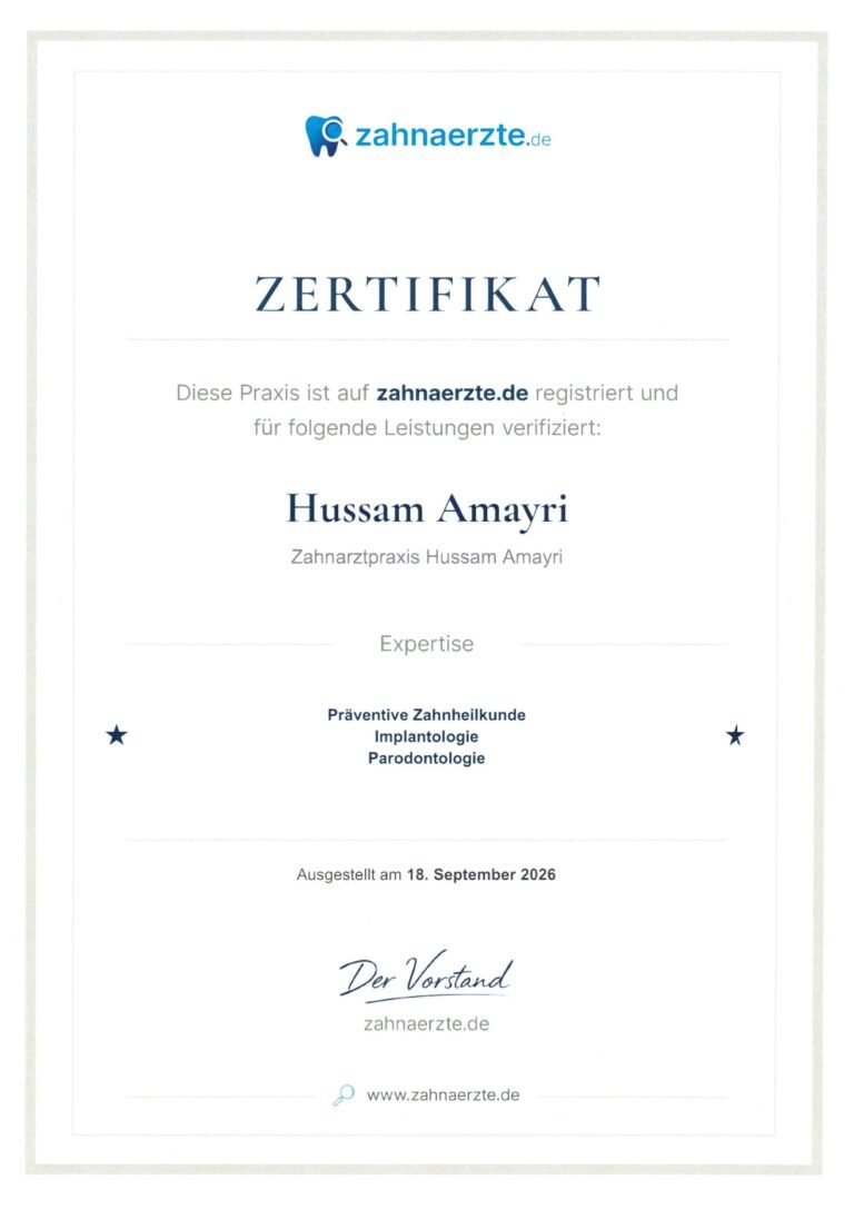 Zertifikat von zahnaerzte.de – Zahnarzt Hussam Amayri in Duisburg